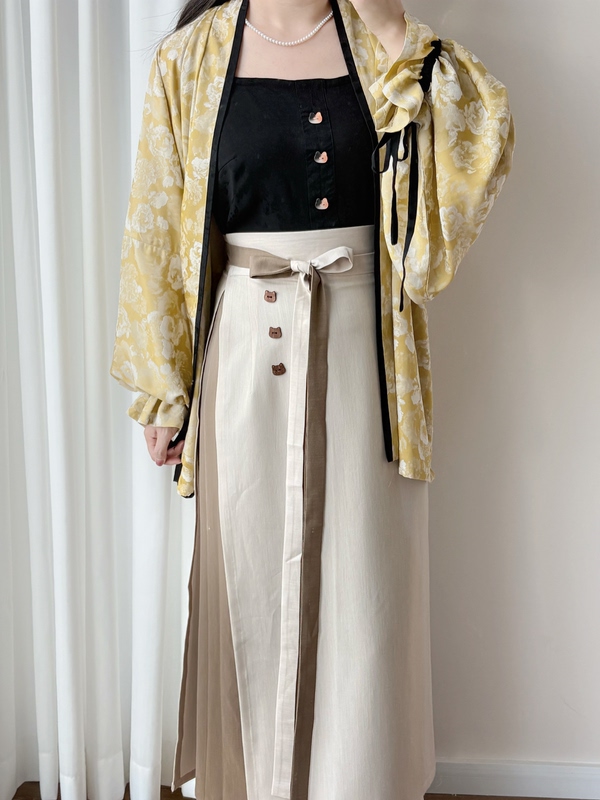 [Hide and Seek•Pay Raise Cat] Two-Piece Skirt Suit Material, Contrasting Color Tie Skirt, Twirl Skirt, Hanfu Cat Head
