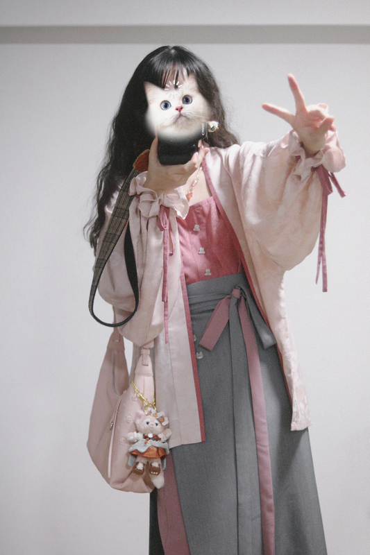 [Hide and Seek•Little Gray Cat] Cat Button Two-Piece Skirt Suit Material, Different Color Tie Skirt, Twist Skirt (All Sizes Available)