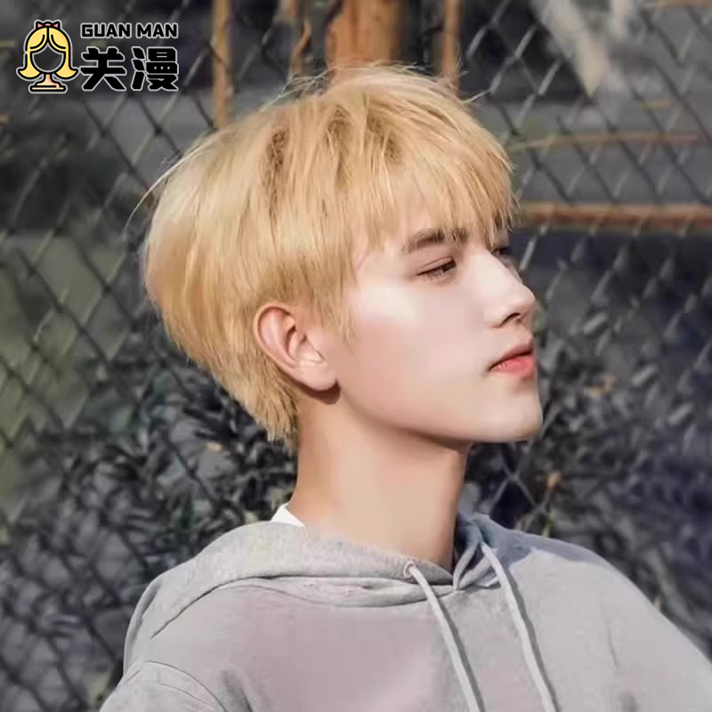Men's Wig with Short, Straight, Golden-Blonde Hair, Korean-Style Bangs, Short Straight Hair, Men's Everyday Micro-Fringe Full Wig