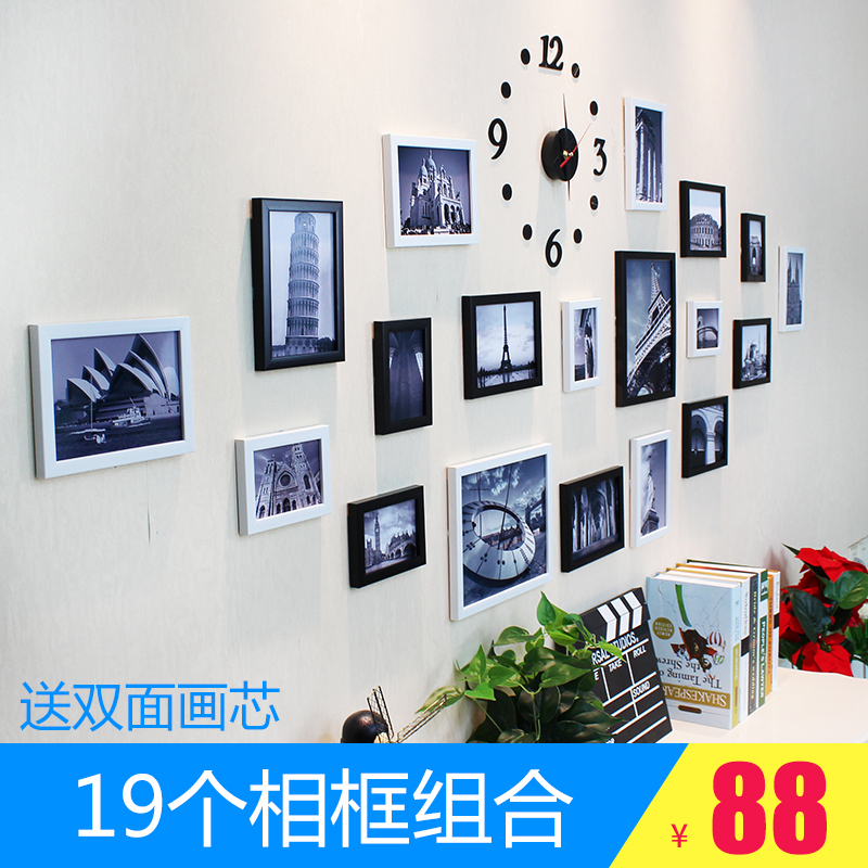 Retro photo wall 19 frame paired with acrylic clock hanging clock section photo wall Living room background wall Mediterranean