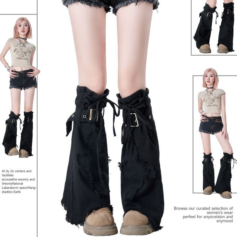 Y2K Style Black Denim Leg Warmers with Drawstring, Slimming Design, Cross-Pattern Boot Covers, Flared Sock Covers, Trendy Y2K Style Black Denim Leg Warmers with Drawstring, Slimming Design, Cross-Pattern Boot Covers, Flared Sock Covers, Trendy