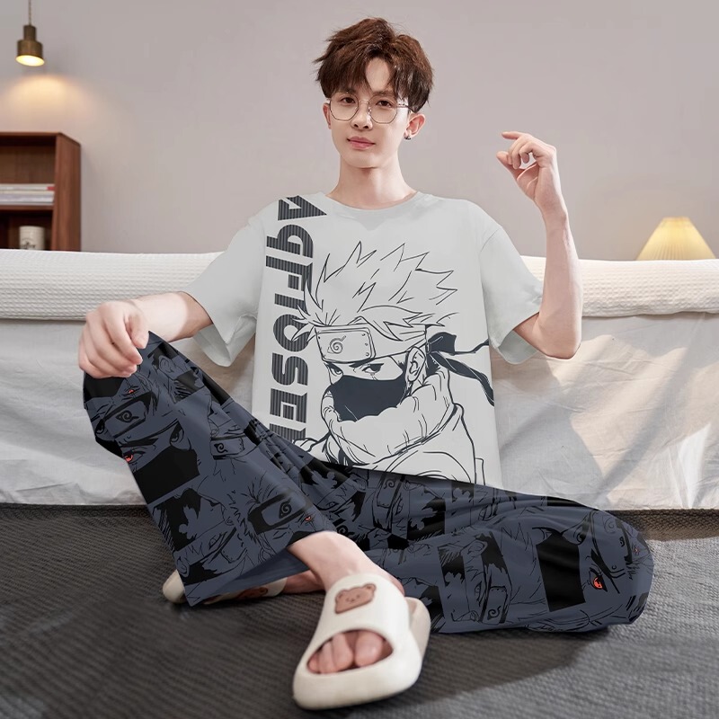 Naruto Pajamas Men's Summer Pure Cotton Short-Sleeved Pants Thin Cartoon Teen Student Boy Suit Naruto Pajamas Men's Summer Pure Cotton Short-Sleeved Pants Thin Cartoon Teen Student Boy Suit