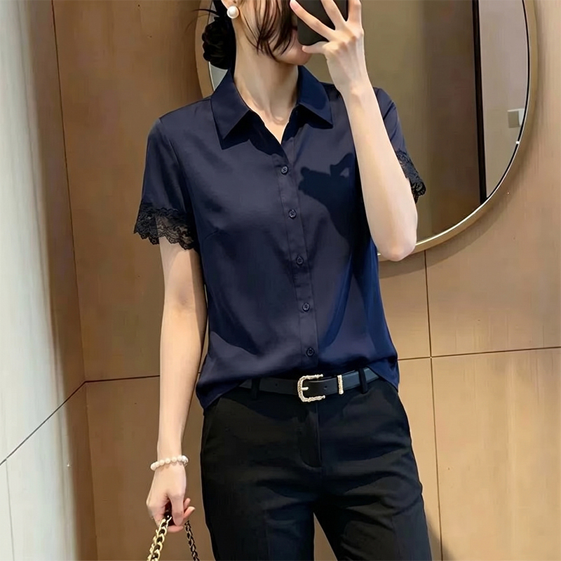 Navy Blue Lapel Shirt for Women, 2026 Summer New Style, Stylish and Age-Reducing, Slimming Design, Lace-Trimmed Top
