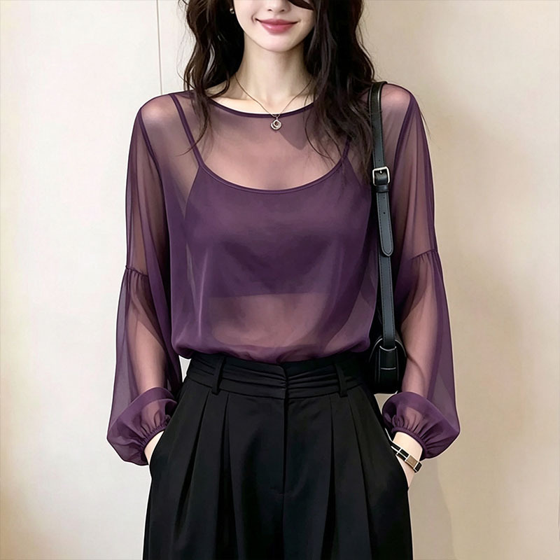 Purple Round-Neck Long-Sleeve T-Shirt for Women, 2026 Autumn New Style, High-End, Stylish, Age-Reducing, Thin, Slightly See-Through, Sun-Protective Top Purple Round-Neck Long-Sleeve T-Shirt for Women, 2026 Autumn New Style, High-End, Stylish, Age-Reducing, Thin, Slightly See-Through, Sun-Protective Top