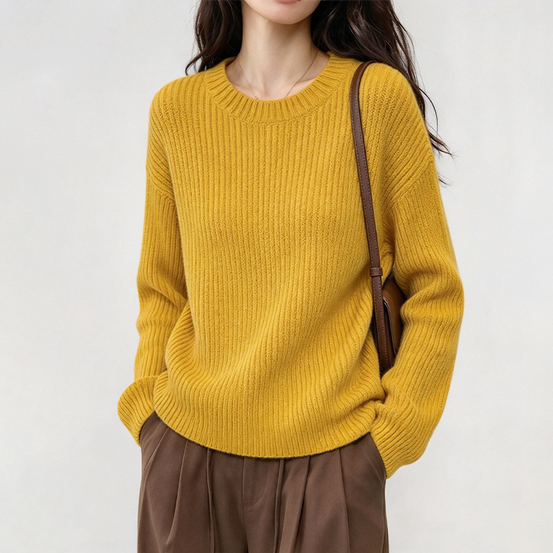 Yellow Round Neck Pullover Sweater for Women in Autumn and Winter, Lazy Style, High-End, Loose, Casual, Slimming, Long-Sleeved Knitted Top Yellow Round Neck Pullover Sweater for Women in Autumn and Winter, Lazy Style, High-End, Loose, Casual, Slimming, Long-Sleeved Knitted Top