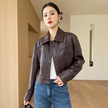 European imported oil wax leather genuine leather jacket for women's 2024 new Haining short motorcycle jacket jacket with lapel collar