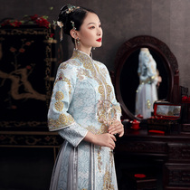Blue Xiuhe dress bride 2021 new wedding women Chinese wedding dress heavy industry Xiuhe wedding dress show kimono summer