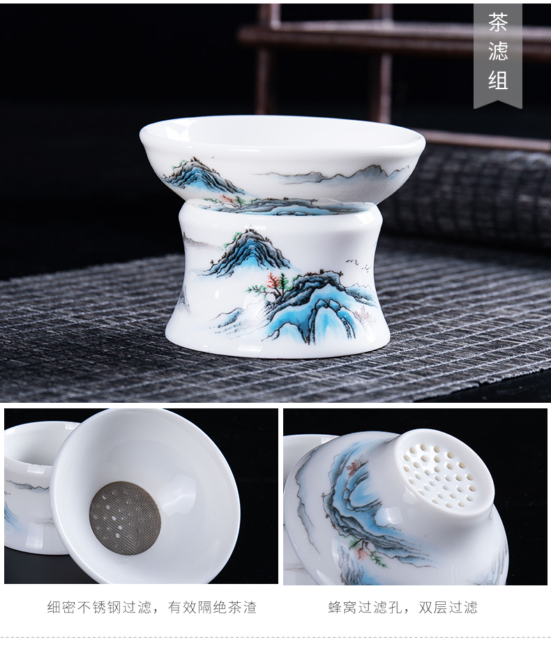 Ronkin dehua hand - made white porcelain kung fu tea set tureen suet jade teapot household ceramic cups