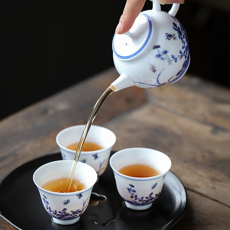 Ronkin hand - made household small set of blue and white porcelain cups tea tureen tea set kung fu tea kettle