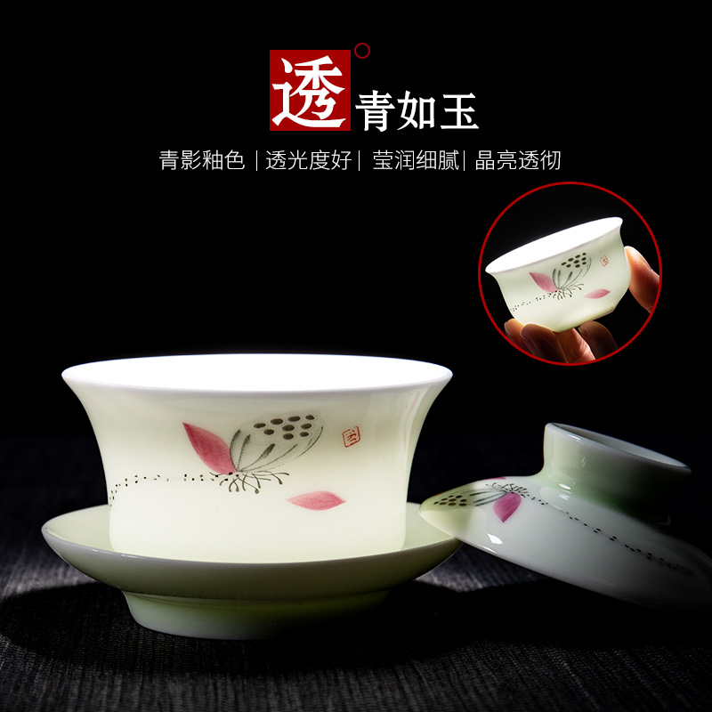 Ronkin dehua white porcelain tea set meal hand - made household contracted tureen tea kungfu tea cups