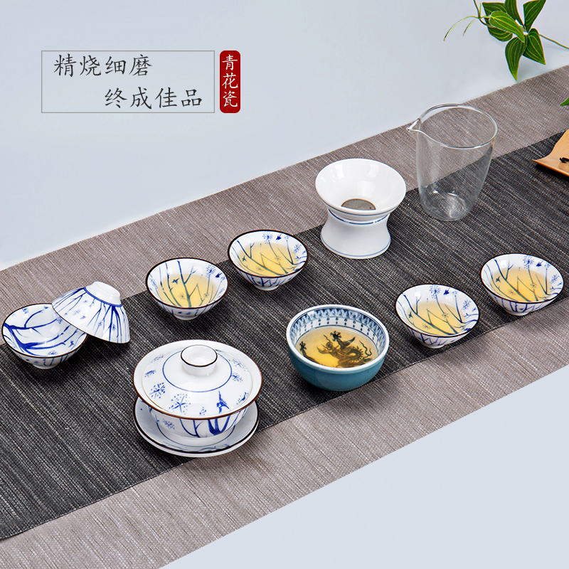 Ronkin blue and white porcelain tea set ceramic checking kung fu tea set the whole household tea teapot teacup