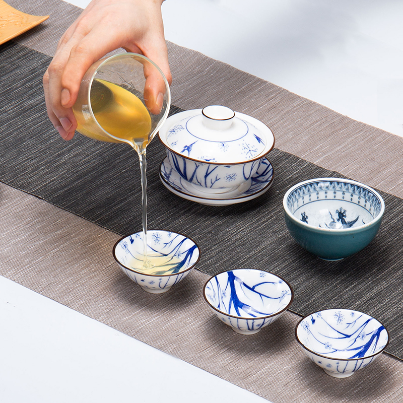 Ronkin blue and white porcelain tea set ceramic checking kung fu tea set the whole household tea teapot teacup