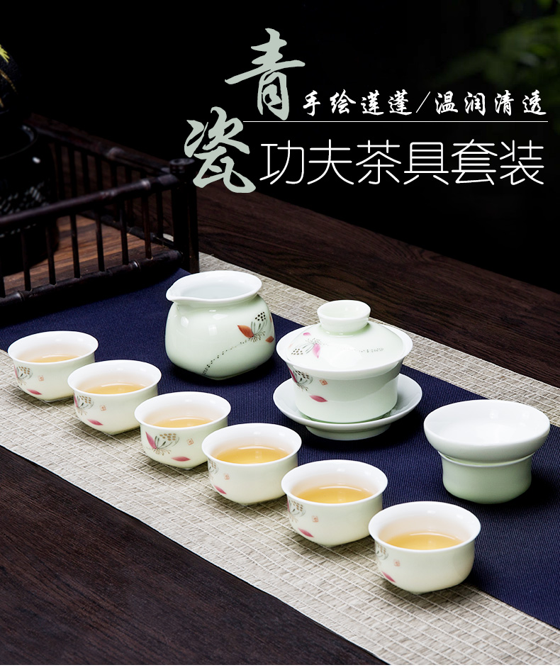 Ronkin dehua white porcelain tea set meal hand - made household contracted tureen tea kungfu tea cups