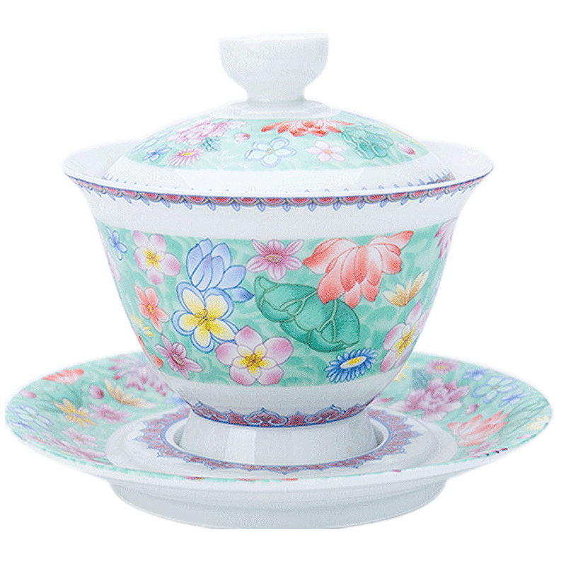 Ronkin three tureen suit only ceramic famille rose colored enamel kung fu tea tea, large restore ancient ways to use