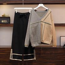  Large size womens clothing autumn and winter 2021 new fat sister thin Western style sweater meat-covering wide-leg pants womens suit two-piece