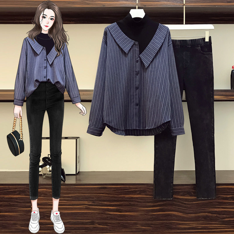 Large size women's fat sister autumn winter new fashion age and thin ocean, two pieces of two-piece suit