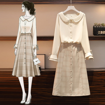  Large size womens clothing 2021 autumn and winter new thin chiffon shirt fat sister skirt Western style two-piece suit