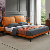  Nordic minimalist first floor leather bed Master bedroom ins wind light luxury small apartment Orange double bed 1 8 meters soft bag bed