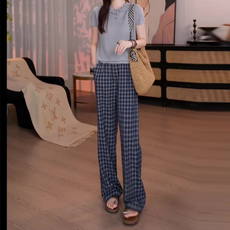 2026's Super Popular Retro Plaid Wide-Leg Pants for Women, Summer Thin High-Waisted Drapey Casual Narrow-Fit Floor-Length Pants