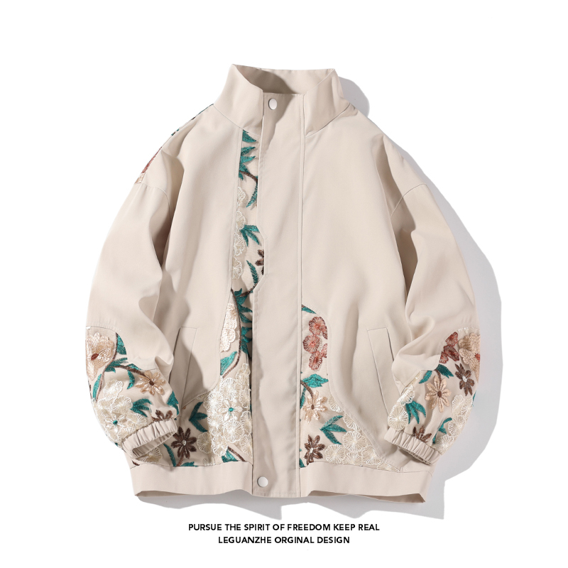 New Chinese-Style Embroidered Jacket for Men, Autumn Trendy Brand, Cool Workwear Vibe, Stand-Collar National Trend Baseball Jacket