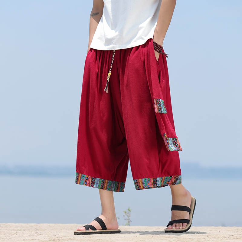 Burgundy Cotton-Linen Cropped Pants for Men, Summer Chinese Style Low-Rise Baggy Pants, Trendy Brand Eight-Point Pants, Thai Elephant Pants