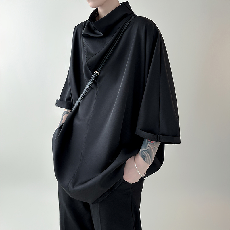 High-Neck Design Short-Sleeve Men's T-Shirt for Spring and Summer, Dark Style Trendy Brand, Cool and Unique Loose Fit, Three-Quarter Sleeve T-Shirt