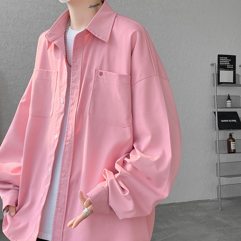 Cherry Blossom Pink Shirt for Men, Long-Sleeved, Spring and Autumn Style, Japanese Simple Shirt, High Street Cool Trendy Brand, Loose Jacket, Dk Uniform