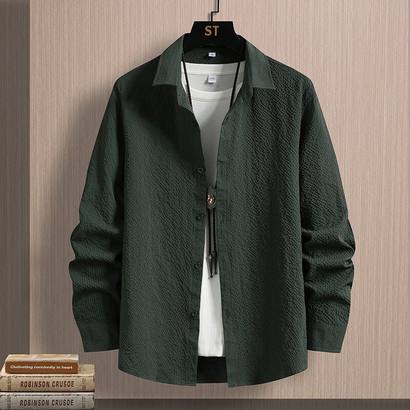 Autumn Men's Seersucker Solid Color Simple Hong Kong Style Casual Fashion Versatile Thin Casual Lapel Long-Sleeved Shirt