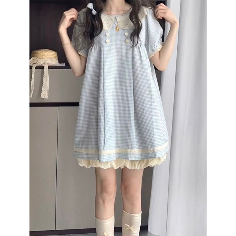 Cute and Sweet Doll Collar Blue Plaid Dress for Women, New Summer Style, Petite Japanese Style Loose Short-Sleeved Princess Dress