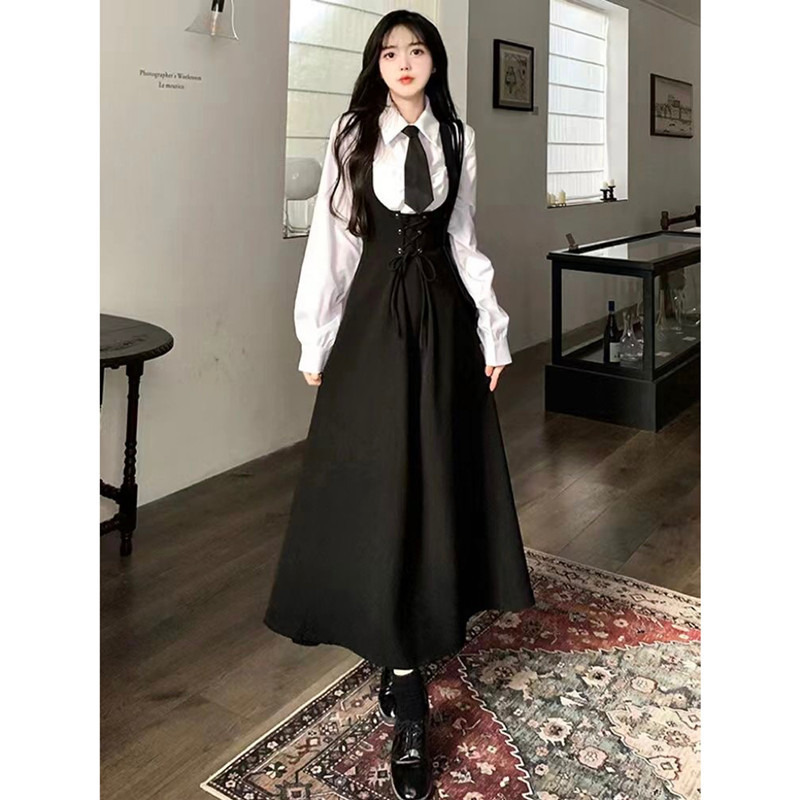 French Hepburn Style Suspender Dress for Women, New Spring and Autumn Versatile Slimming High-End Shirt Waist-Cinching Two-Piece Set French Hepburn Style Suspender Dress for Women, New Spring and Autumn Versatile Slimming High-End Shirt Waist-Cinching Two-Piece Set