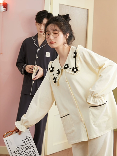 Демисезонная осенняя пижама для влюбленных, хлопковый весенний лонгслив, милая кукла, кукольный воротник