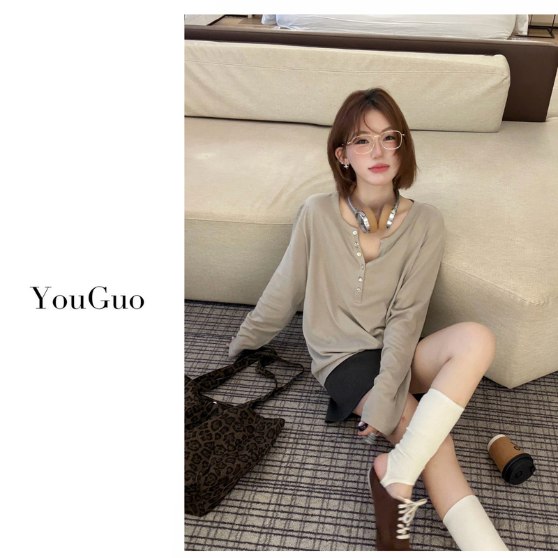 Youguo - [Light Makeup Style] Henry Collar Basic Versatile Combed Cotton Loose Fit Sports Long Sleeve Top