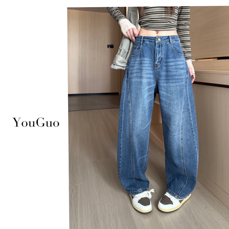 Youguo-[Casual Denim] Retro High-Waisted Slimming Casual Versatile Sporty Wide-Leg Lettered Jeans