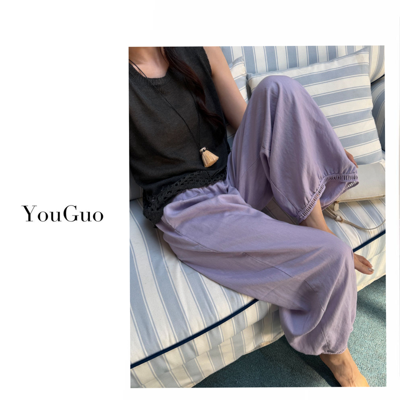 Youguo-[Lazy Summer Breeze] Linen Korean-Style Loose-Fitting Slimming Casual Sports Pants with Hollowed-Out Legs