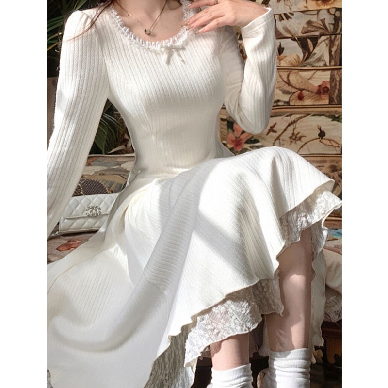 Gardenia White Tea French Long-Sleeved Knitted Dress for Autumn and Winter, Elegant and Slimming, High-End Long Dress