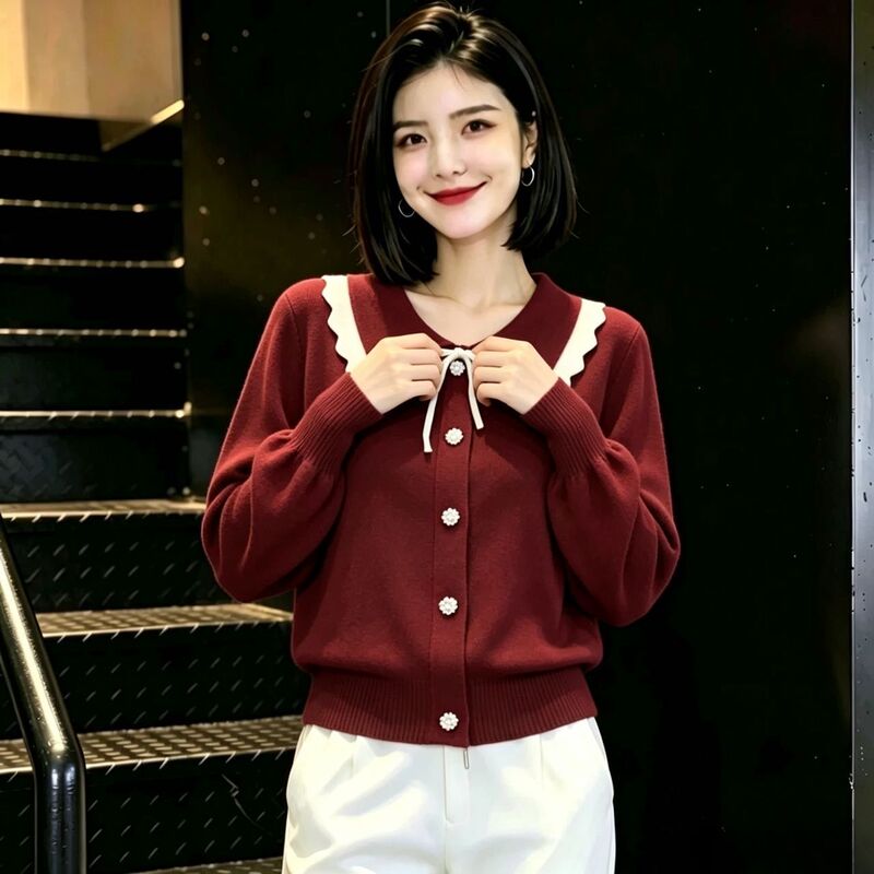 Red Doll Collar Knit Sweater for Women, Autumn and Winter Color-Blocked Lace Collar Bowknot Jacket, Loose Fit, Slimming Outerwear Top for Women