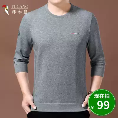 Woodpecker autumn round neck thick cotton T men's long sleeve T-shirt business loose casual middle-aged pullover base shirt top
