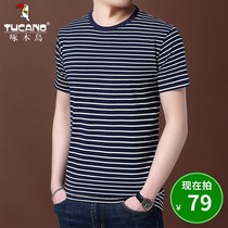 Woodpecker cotton mens short sleeve T-shirt summer half sleeve shirt young and middle-aged handsome round neck striped clothes
