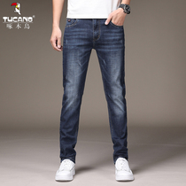 Woodpecker denim jeans male trend handsome and elastic mens pants summer slim fit small feet 100 lap long pants
