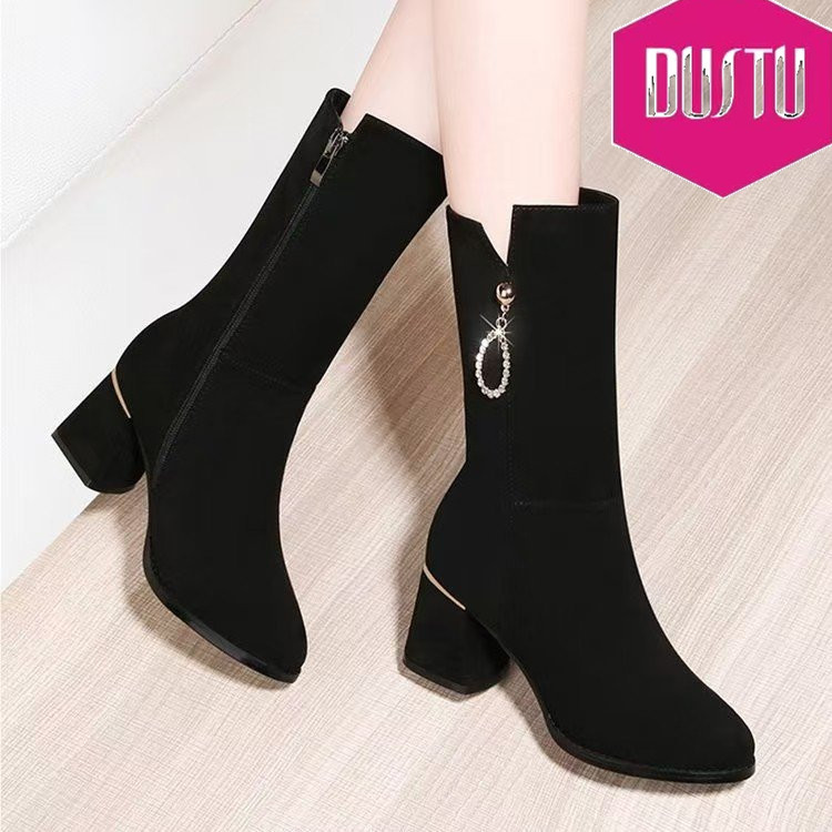 Real Soft Leather Chunky Heel Suede Fashion Boots, New Style Black Mid-Calf Short Boots, Elegant High-Heeled Martin Boots, Mom Boots
