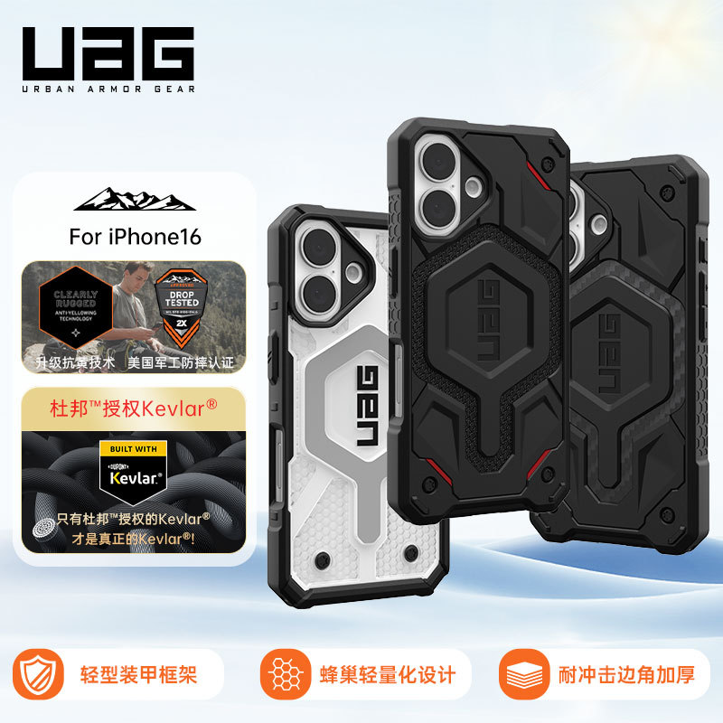 Uag Is Suitable for iPhone 16 Plus Phone Case, Transparent Apple New Model, Anti-Drop, Magnetic Charging Magsafe Case, Lightweight, Full Coverage Protective Case, High-End Carbon Fiber, Business Style, Premium for Men and Women