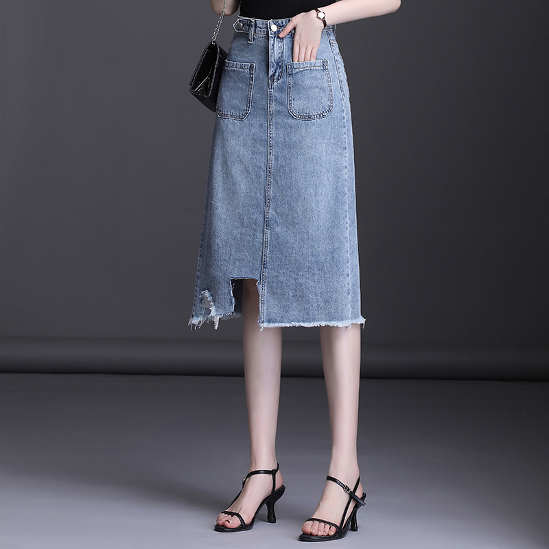 Lưng cao woolly denim váy váy nữ mùa hè 2020 dài hiển thị mỏng không thường xuyên thư túi hông bước váy váy