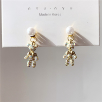 S925 Silver Needle Korean Temperament Simple Micro Set Diamond Super Flash Cute Bear Earrings Girl Pearl Earrings E14