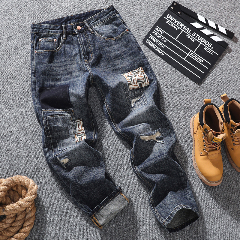Spring and Summer Trendy American-Style Ripped Patchwork Denim Jeans for Young Men, Cool and Loose Tapered Versatile Pants