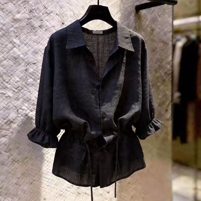 2026 Spring/Summer Very Beautiful and Elegant Socialite Black Knotted Shirt for Plus Size Women, Loose Fit, Slimming Tie-Up Top for Women 2026 Spring/Summer Very Beautiful and Elegant Socialite Black Knotted Shirt for Plus Size Women, Loose Fit, Slimming Tie-Up Top for Women
