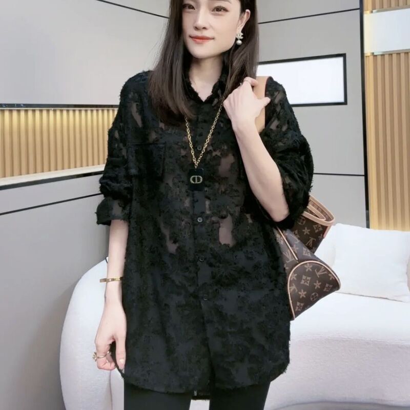 2025 New Style French Lace Black Shirt for Women, Fashionable Loose Large Size Casual Elegant Hollow Top
