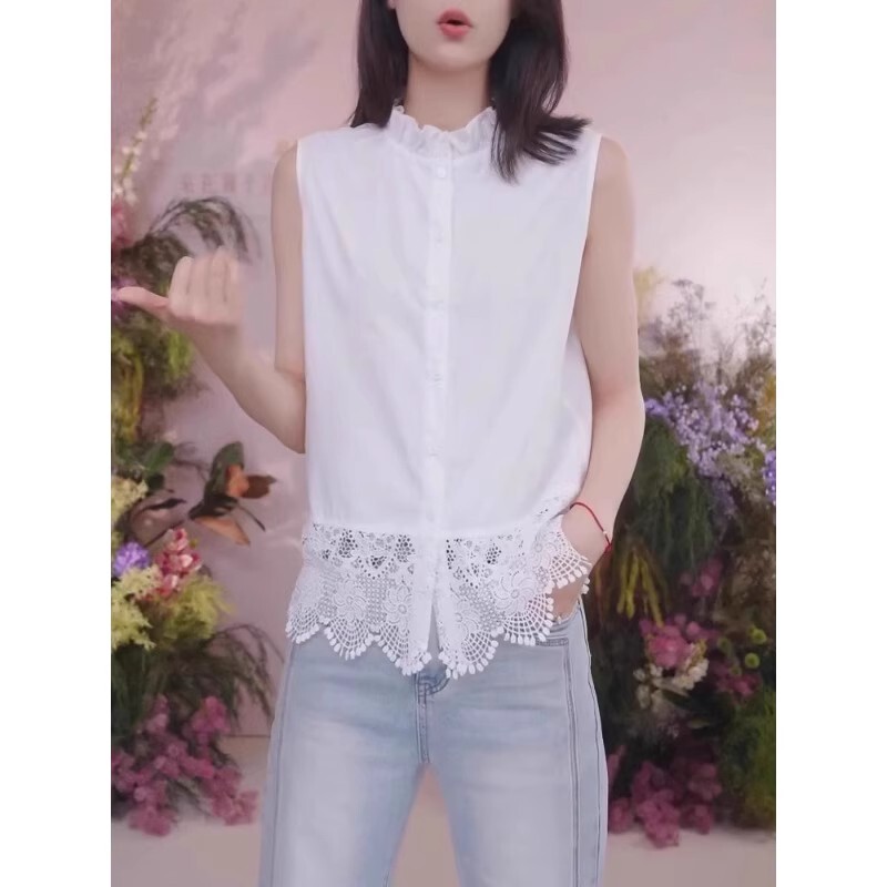 French-Style Ruffled Stand-Up Collar Layered Shirt for Women, 2025 Spring Lace Trim Patchwork Sleeveless Base Shirt