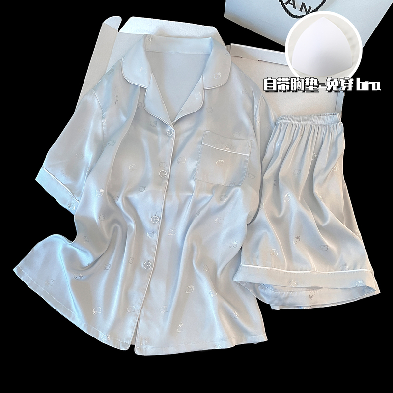 Summer Ice Silk Short-Sleeved Shorts Cute Pajamas for Women 2026 New Large Size Thin Style with Chest Pad Home Wear Set Summer Ice Silk Short-Sleeved Shorts Cute Pajamas for Women 2026 New Large Size Thin Style with Chest Pad Home Wear Set