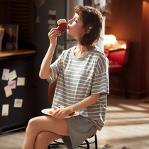 Net red hot pajamas womens cute short-sleeved summer home clothes pure cotton thin large size ins wind two-piece suit