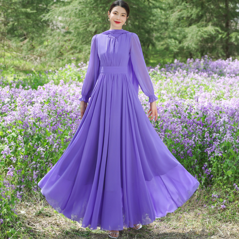 Retro Round Neck Long Sleeve Violet Ribbon Dress Women's Seaside Vacation Chiffon Long Skirt Pure Color